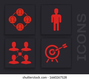 Set Target with arrow, Project team base, User of man in business suit and Project team base icon. Vector