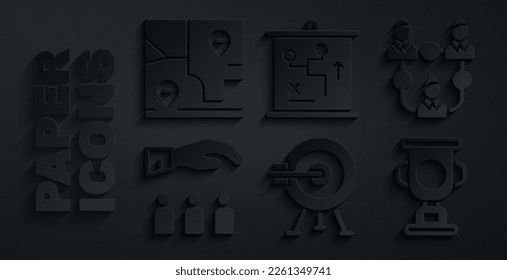 Set Target with arrow, Project team base, Boss employee, Award cup, Planning strategy concept and Folded map location icon. Vector