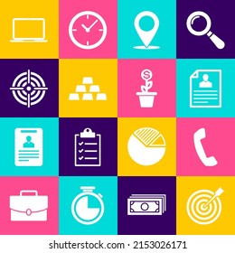 Set Target with arrow, Telephone handset, Resume, Map pin, Gold bars and sport icon. Vector