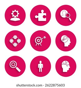 Set Target with arrow, User of man in business suit, Human head puzzles strategy, lamp bulb, Magnifying glass and gear, Project team base, for search people and inside icon. Vector