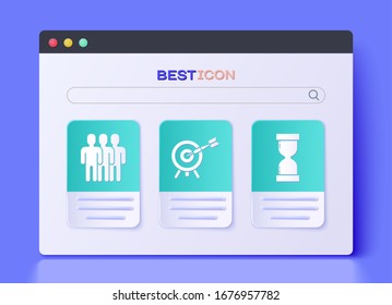Set Target with arrow, Users group and Old hourglass with flowing sand icon. Vector