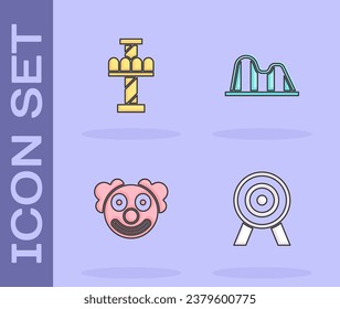 Set Target, Attraction carousel, Clown head and Roller coaster icon. Vector