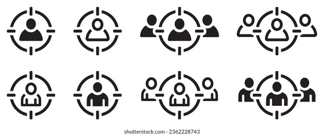 Set of target audience icon. Audience, advertising, customer focus, client, customer. Business target symbol, announcement, job. Vector.