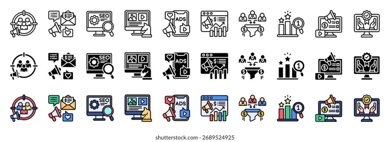 Conjunto de colección de ícono de audiencia objetivo. con estilo de contorno, glifo y línea plana. Contenido de campañas de correo electrónico, optimización SEO, estrategia de contenido, anuncios de redes sociales, tráfico de Web.