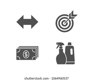 Set of Target, Banking and Sync icons. Shampoo and spray sign. Targeting, Money payment, Synchronize. Washing liquids.  Quality design elements. Classic style. Vector