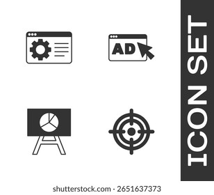 Set Target, Browser setting, Board with graph chart and Advertising icon. Vector