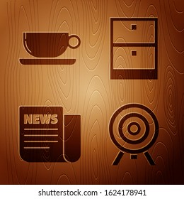 Set Target, Coffee cup flat, News and Archive papers drawer on wooden background. Vector