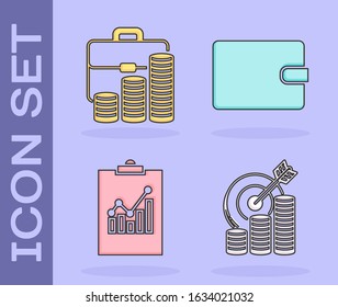 Set Target with coin symbol, Briefcase and coin, Clipboard with graph chart and Wallet icon. Vector