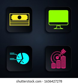 Set Target with coin symbol, Stacks paper money cash, Pie chart infographic and Computer monitor screen. Black square button. Vector