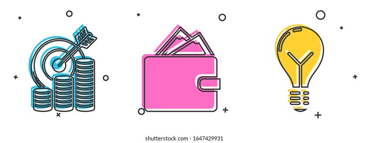 Set Target with coin symbol, Wallet with stacks paper money cash and Light bulb with concept of idea icon. Vector