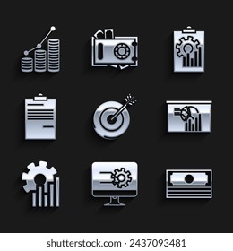 Set Target, Computer monitor with graph chart, Stacks paper money cash, Board, Pie infographic, Document, Clipboard and and coin icon. Vector