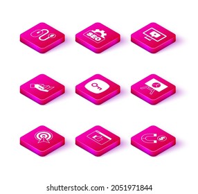 Set Target, Customer product rating, Pie chart infographic, Key, Magnet with money, Board, Monitor star and SEO optimization icon. Vector