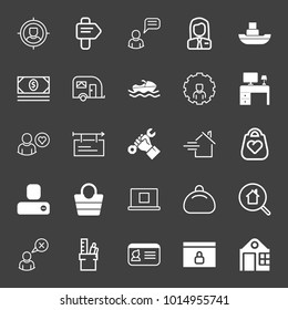 set of target customer, road sign, chatting, female worker, boat, cash dollar, van, settings, work desk, repair, bag, laptop, bag stationery, id card, locked website, building, banner vector icon