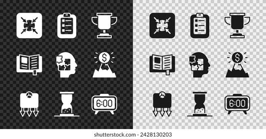 Set Target, To do list or planning, Award cup, Weight loss, Old hourglass with sand, Digital alarm clock, Reading book and Head puzzles strategy icon. Vector