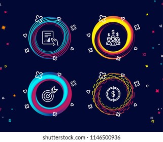 Set of Target, Document and Salary employees icons. Dollar target sign. Targeting, File with diagram, People earnings. Aim with usd.  Circle banners with line icons. Gradient colors shapes. Vector