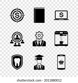 Establezca Target con el dólar, el libro, la laptop, la protección dental, el tapón de graduación para graduados y el icono móvil de la cesta de compras. Vector
