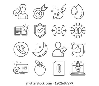 Set of Target, Dollar exchange and Oil drop icons. Paint brush, Attachment and Like signs. Product knowledge, Refer friend and Start business. Targeting, Payment, Serum. Apple, Moon stars. Vector