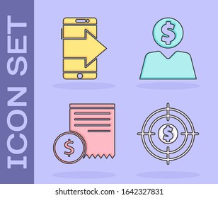 Set Target with dollar, Smartphone, mobile phone, Paper check and financial check and Business man planning mind icon. Vector