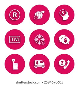 Set Target with dollar symbol, Armored truck, Telephone handset and speech bubble chat, Speech, Hand touch tap gesture, Trademark, Business man planning mind and Registered icon. Vector