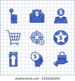 Set Target with dollar symbol, Business man planning mind, Hand and paper shopping bag, Star, Smartphone, mobile phone, Shopping cart,  and touch tap gesture icon. Vector