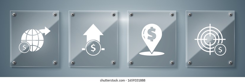 Set Target with dollar symbol, Cash location pin, Financial growth and coin and Earth globe with dollar. Square glass panels. Vector