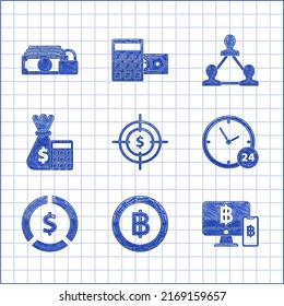 Fijar Target con el símbolo en dólares, moneda de criptografía Bitcoin, Monitor de ordenador de teléfono móvil y bitcoin, Reloj 24 horas, Dinero de moneda, Bolsa de cálculo, Base del equipo del proyecto e icono Dinero. Vector