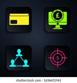 Set Target with dollar symbol, Envelope, Project team base and Computer monitor with pound sterling symbol. Black square button. Vector