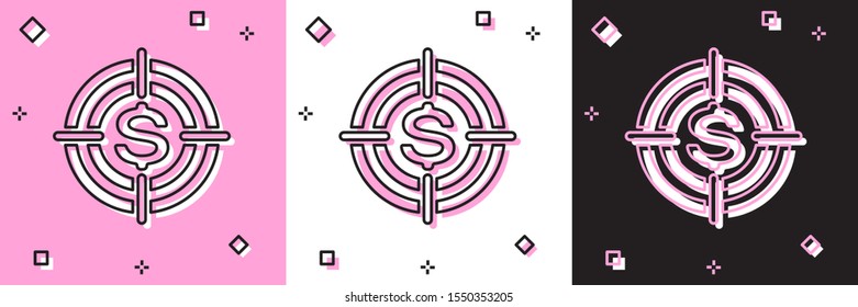 Set Target with dollar symbol icon isolated on pink and white, black background. Investment target icon. Successful business concept. Cash or Money sign.  Vector Illustration