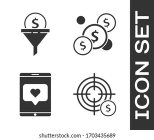 Set Target with dollar symbol, Lead management, Mobile phone and like with heart and Coin money with dollar icon. Vector