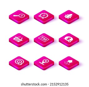 Set Target with dollar symbol, Map pointer star, Shopping basket, Trademark, Financial growth and coin, Speech bubble, Arrow gear business and Price tag icon. Vector
