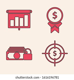 Set Target with dollar symbol, Presentation financial board with graph, schedule, chart, diagram, infographic, pie graph, Reward for good work and Money with lock icon. Vector