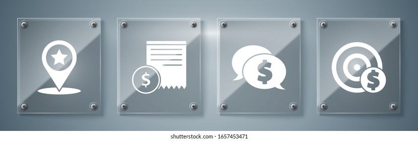 Set Target with dollar symbol, Speech bubble with dollar, Paper check and financial check and Map pointer with star. Square glass panels. Vector