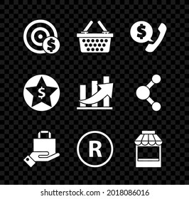 Establece Target con el símbolo del dólar, el teléfono y el chat de burbuja de voz, la bolsa de compra de papel de mano, la marca registrada, el edificio o la tienda, el icono de la moneda de crecimiento de Star and Financial. Vector