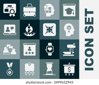 Set Target with dollar, Treadmill machine, Human lamp bulb, Head puzzles strategy, World expansion, Online education, Certificate template and  icon. Vector