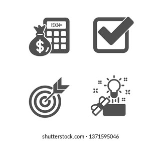 Set of Target, Finance calculator and Checkbox icons. Creative idea sign. Targeting, Calculate money, Approved tick. Present box.  Classic design target icon. Flat design. Vector