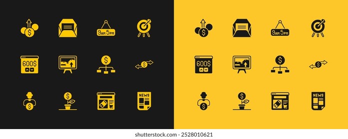 Establecer meta financiera objetivo, planta de dólar, jerarquía con dólar, compras en línea en pantalla, gráfico gráfico de monitor, de 9 5 trabajo, crecimiento financiero e icono de sobre. Vector