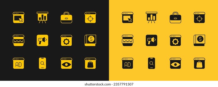 Set Target financial goal, Magnifying glass and mobile, Browser setting, Personal information collection, Megaphone, Briefcase, Advertising and Board with graph chart icon. Vector