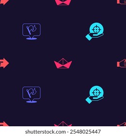 Set Target, Flag, Folded paper boat and Hand with pointing finger on seamless pattern. Vector