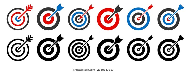 Zielflachicons, Bogenschießziel mit Pfeil einzeln, Tor-Symbolsammlung, Siegeszeichen, Dart-Stierye-Logo - Vektorgrafik