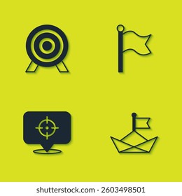 Set Target, Folded paper boat,  and Flag icon. Vector