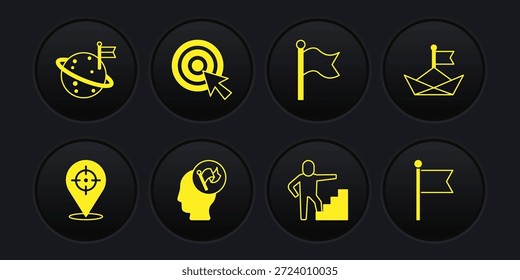 Fije el objetivo, barco de papel doblado, bandera de la mano, escalera con el final, bandera, flecha, e icono de la luna. Vector