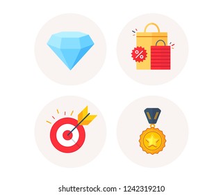 Set of Target goal, Diamond crystal and Sale bags icons. Winner medal sign. Marketing strategy, Brilliant gemstone, Shopping mall. Champion award. Colorful icons in round buttons. Vector