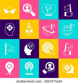 Set Target, Hand holding flag, Planet with, Flag, Rocket ship, Head hunting, Folded paper boat and Moon icon. Vector