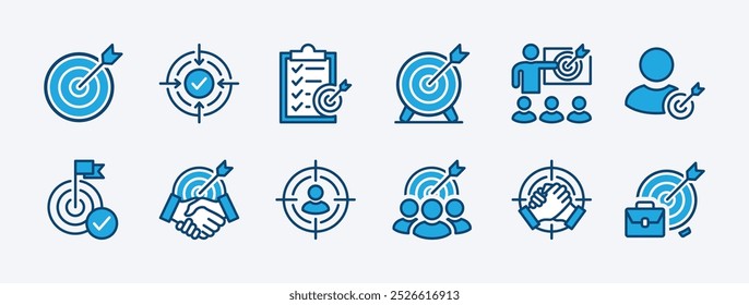 Conjunto de Vector de icono de destino. Con flecha, diana, objetivo, puntería, enfoque, objetivo, propósito, diana, precisión para los negocios, lista de verificación, recursos humanos, trabajo en equipo, grupo de personas, estrategia, Acuerdo