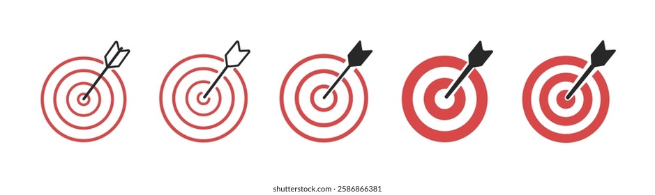 Set of target illustrations. Archery target with arrows set, darts hit or miss boards. The concept of achieving a goal.