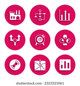 Set Target, Intersection point, Pie chart infographic, Old hourglass with sand, Arrow,  and Factory icon. Vector