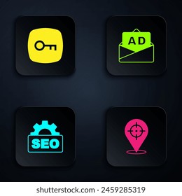Set Target, Key, SEO optimization and Advertising. Black square button. Vector
