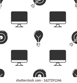 Set Target, Light bulb with concept of idea and Computer monitor screen on seamless pattern. Vector