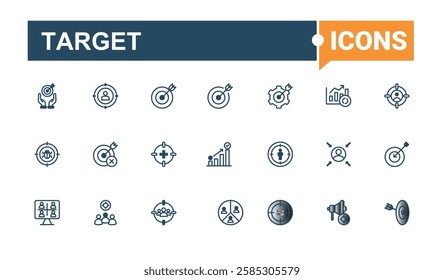 Set of Target line icons. Featuring award, man, mark, arrow, market, target, progress and more. Minimal icon. Vector outline and solid icons collection.