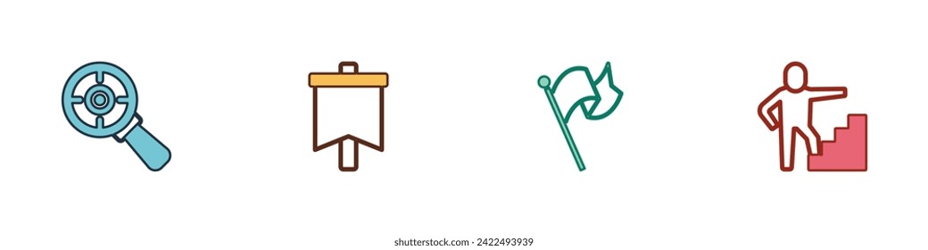 Set Target with magnifying glass, Flag,  and Stair finish flag icon. Vector